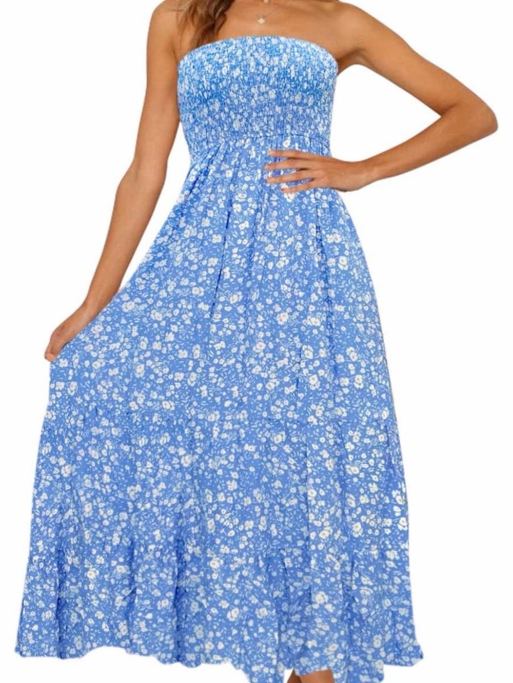 Blue Floral Strapless Maxi Dress